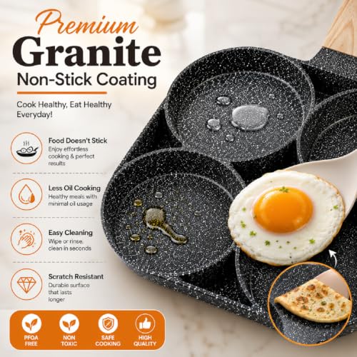 Image of 4 in 1 Frying Pan, Non Stick 4 Hole Egg Frypan, Omelette, Pancake Pan, Breakfast Maker, Multi Section Frying, Induction & Gas Compatible Cookware for Eggs, Dosa, Burger & Home Kitchen (Black)