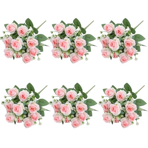 Ritzephyria 6-Pack Light Pink Silk Rose Bouquets, 60 Roses Artificial Flowers Heads with Faux Baby's Breath Stems Leaves, Fake Roses for Wedding Bouquets, Centerpieces & Home Table Décor