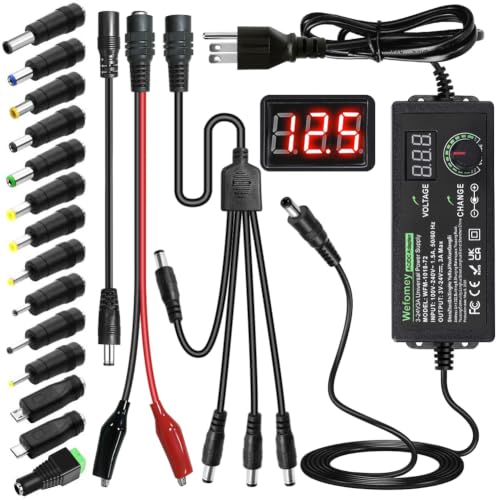 Universal Power Supply 3V~24V 3A 72W Adjustable Variable 3V 5V 9V 12V 18V 20V 24V AC/DC Adapter Charger 100V-240V AC to DC Converter with 14 Tips Polarity Converter and 4-Way Power Splitter Cable