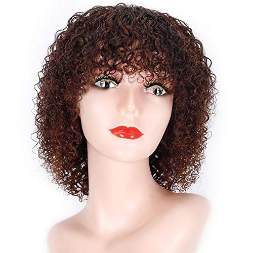 Afro Kinky Curly Wigs with Bangs 100% Unprocessed Virgin Brazilian Hair Natural and Brown Brazilian Wig 12 Inch Human Ha