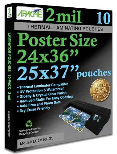 Image of Apache Poster Size Laminating Pouches, 2 Mil, 10 Pack, Holds 24 x 36 Inch Projects (25 x 37 Inch Pouch Size), Thermal Laminator Compatible Laminating Sheets, Super Clear, Round Corners