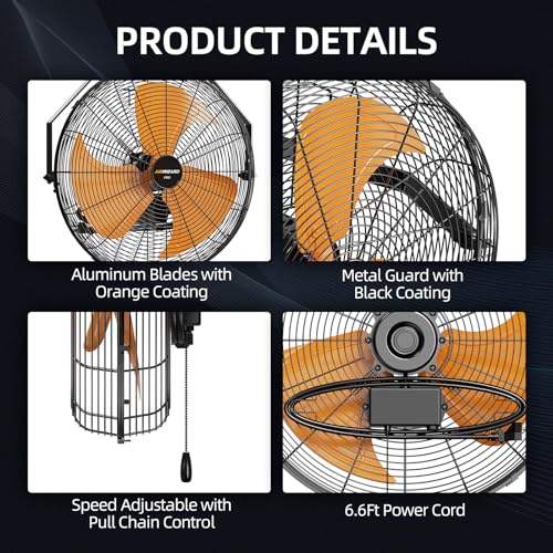 AIRWIZARD Pro Serie 20 Inch Industrial Wall Mount Fan, 5850 CFM High Velocity Metal Wall Fan, 3 Speed, Adjustable Tilt, Commercial Use for Garage, Gym, Patio, Workshop, Basement, Greenhouse, UL Listed by AIRWIZARD - Used condition - Image 6