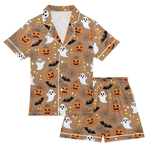Satin Pajama Sets Short Sleeve Halloween Pattern with Ghosts Pumpkins Button Down Silky Nightwear 2 Piece PJS 5-14Y