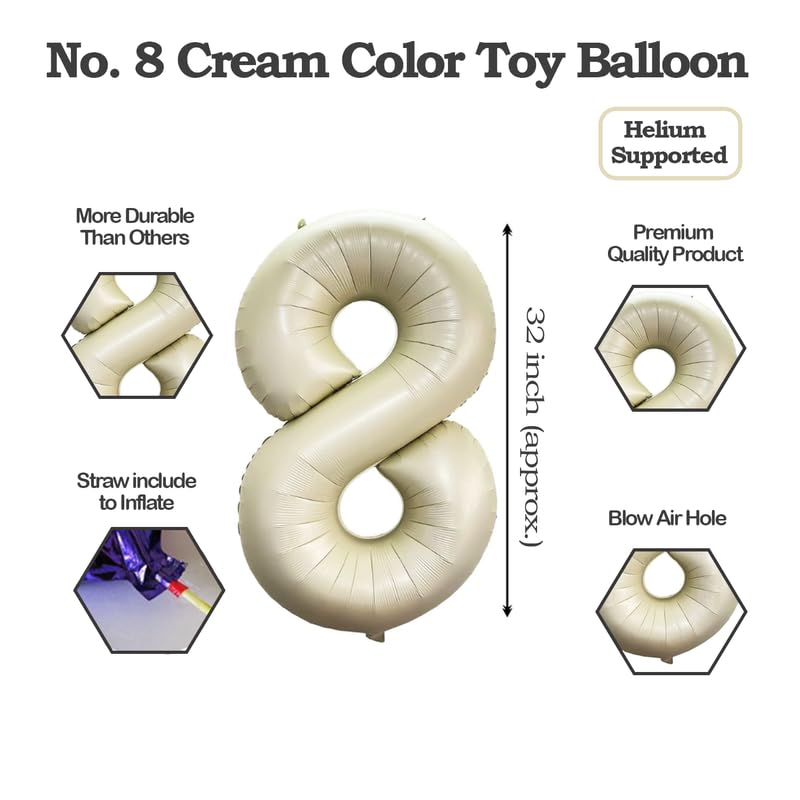 Image of Cream Color 32 Inch Number Helium Foil Balloon For Birthday Decoration Items | Number foil Balloon 8 | Anniversary Decoration Items | Pack of 14