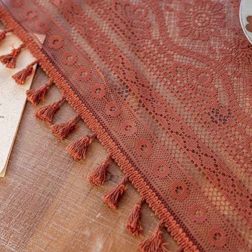 Image of MYSKY HOME Terracotta Boho Lace Sheer Curtains 96 inch Length 2 Panels Burnt Orange Floral Vintage Bohemian Crochet Geometry Curtains with Tassels for Living /Dining Room Rod Pocket Home Decor, 55 inch W