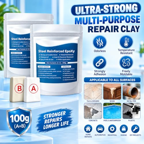 Image of Bellox Steel Reinforced Epoxy Putty, 100gm A-B Two-Part Fast Repair Clay, High Strength Metal Mending Weld Epoxy Putty, Crack Hole Filling Adhesive For Bonding Metal, Plastic, Wood, Tiles, Ceramics