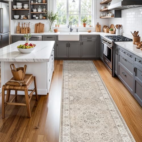 Hallway Washable Runner Rug - 2x10 Kitchen Rugs Entryway Rug Runner Vintage Soft Floor Mat Non Slip Indoor Farmhouse Carpet for Bathroom Living Room Bedroom (2 X 10, Beige)