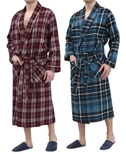 Andrew Scott Mens 2 Pack Long Sleep -Sauna Robe / 100% Cotton Flannel Brush Warm Bathrobe