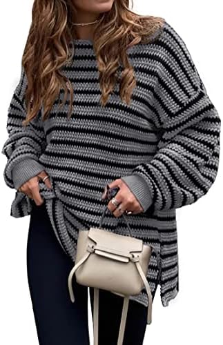 KIRUNDO Women's 2025 Fall Winter Oversized Long Sleeve Striped Sweater Casual Crewneck Side Split Pullover Knit Tops