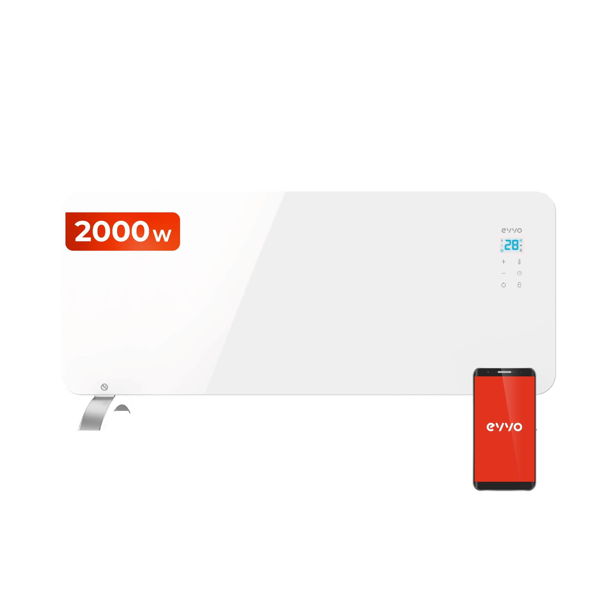 EVVO C Radiatore Elettrico Vetro, Wifi, 2.000 W, Touch screen, Telecomando, Timer (2.000 W, Bianco)