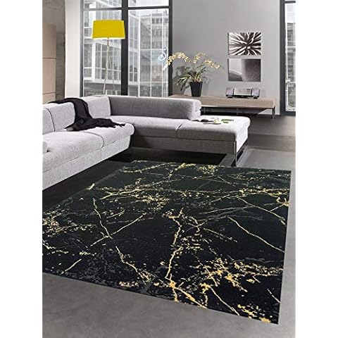 CARPETIA Teppich Wohnzimmer Designerteppich Marmor Optik schwarz Gold Größe 160x230 cm Cover