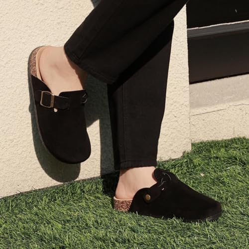 Suede Clogs for Men Soft Cork Footbed Women's Clogs Mules with Arch Support, Adjustable Buckle Comfort Leather Potato Shoes, Slip-On Closed Toe Slippers4