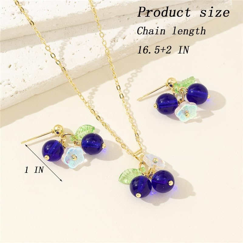 2Pcs Blueberry Necklace Earrings Set for Women Fruit Necklace Funny Cute Lightweight Blueberry Set Jewelry - Image 3
