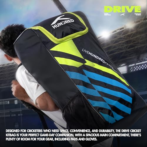 Image of Hundred Polyester Drive Cricket Kitbag | Spacious & Durable Sports Gear Bag for Bats, Pads, Gloves & Accessories | Waterproof, Heavy-Duty Zippers, Multiple Compartments(Black)