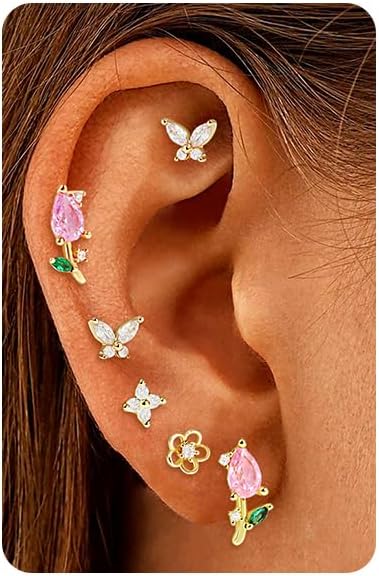 Cartilage Earring Stack Set for Women 4 to 6 pcs Mismatched Stud & Dangle Earrings with Sterling Silver Posts, Hypoallergenic Gold Plated Asymmetrical Jewelry for Multiple Piercings