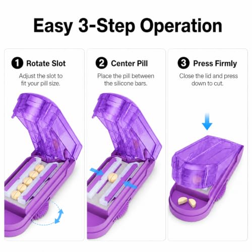 Image of ONE PIX Pill Cutter Splitter for Small and Tiny Pills, Multiple Pill Splitter with Adjustable Silicone Bars & Stainless Steel Hidden Blade, 1 /2 Tablet Cutter for Large Pills, Seniors, Pets, Purple