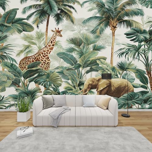 MMYAOKEN Papier Peint Panoramique Animaux de la Jungle 300x210 cm - Décoration Murale Girafe éléphant - Tapisserie Murales Papier Peint Intissé pour...
