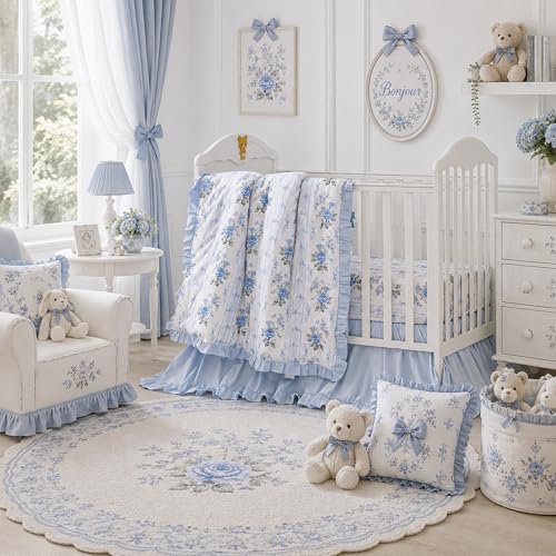 Image of Brandream Organic Cotton Crib Fitted Sheets for Baby Girls, Cottagecore Fitted Crib Sheet for Standard Crib and Toddler Mattress Super Soft Baby Sheet French Country Coquette Blue Floral Stripe Print
