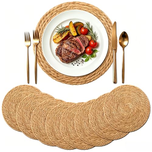 Image of 13.8 Inch Round Woven Placemats Set of 8, Rattan Chargers for Dinner Plates, Rattan Wicker Table Mats Jute Braided, Boho Farmhouse Rustic Braided Place Mats for Kitchen Dining Party Decor