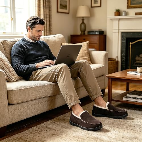 Image of Lulex Moccasins for Men House Slippers Indoor Outdoor Plush Mens Bedroom Shoes with Hard Sole
