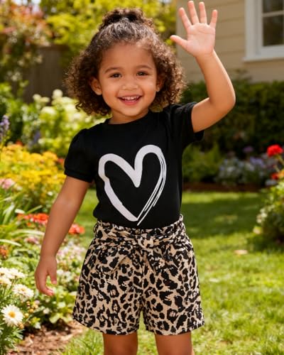 Image of Kids Girl Clothes Heart Print Short Sleeve Top and Shorts Cute Girl Summer Outfits Short Set