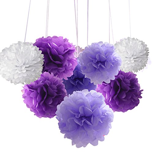 Image of 18pcs Tissue Hanging Paper Pom-poms, Hmxpls Flower Ball Wedding Party Outdoor Decoration Premium Tissue Paper Pom Pom Flowers Craft Kit (Purple & White, 8 inch / 10 inch / 12 inch