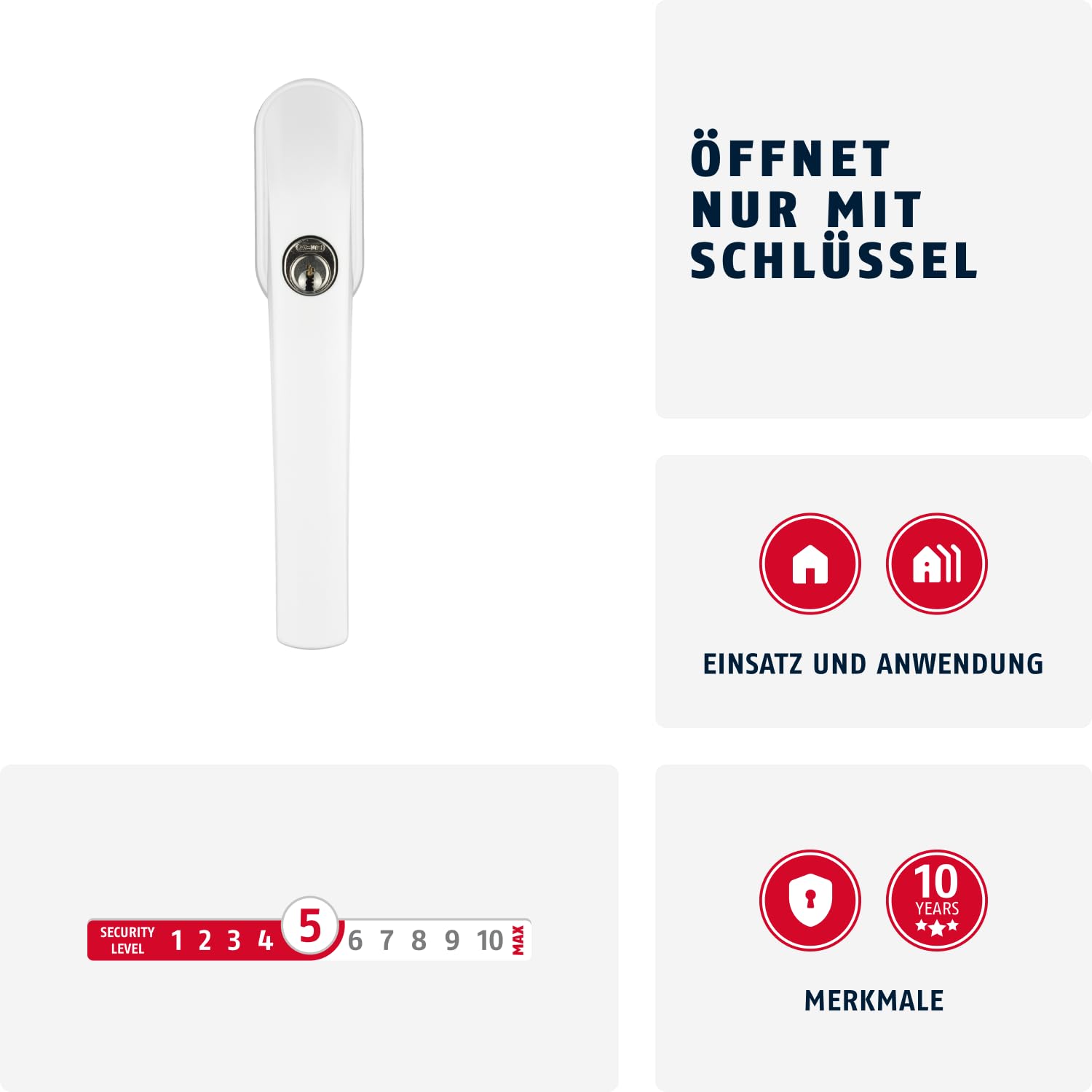 ABUS Abschließbarer Fenstergriff FG300 AL0089 - Fensterknauf mit Druckzylinder, gleichschließend - ABUS-Sicherheitslevel 5-37378 - weiß