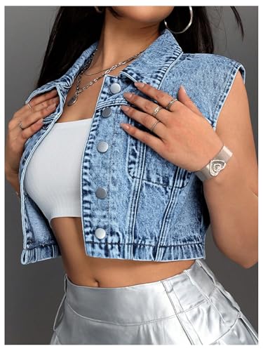WDIRARA Women's Button Down Cropped Denim Vest Sleeveless Jean Jacket4