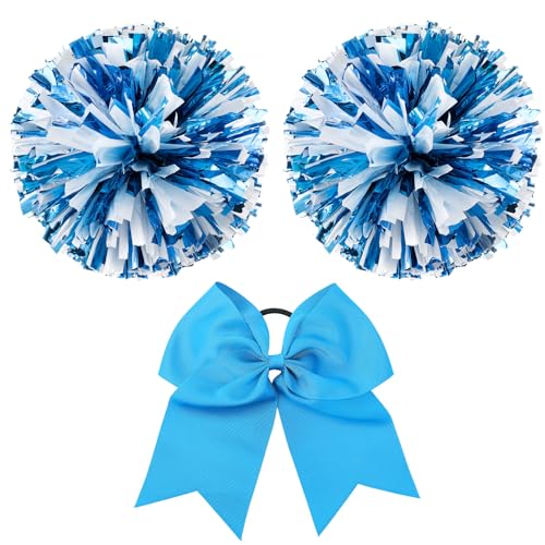 Hanaive 3 Pcs Cheerleading Pom Poms and Large Cheerleader Hair Bow Metallic Cheer Supplies for Team Spirit Sports Dance Cheering(Lake Blue Mixed White,Classic Style)