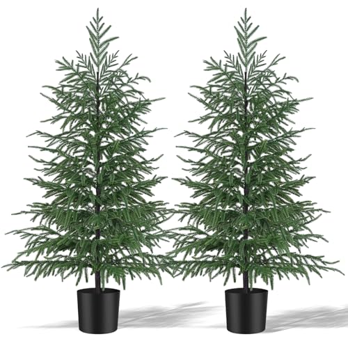 2 Pack 4FT Artificial Norfolk Pine Tree, Realistic UV Rated Shrubs Fake Potted Plants Faux Bushes for Christmas Decorations Outdoor Indoor Home Front Porch Decor