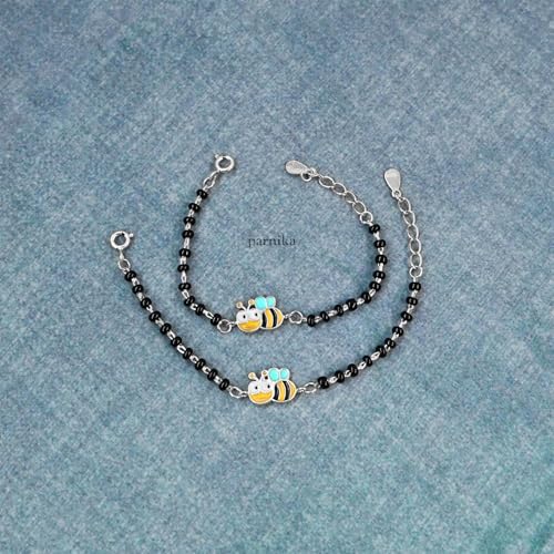 Image of Parnika (Formerly MJ 925 Traditional Silver & Black Crystals Baby Nazariya Kids Silver Bracelet in Pure 92.5 Sterling Silver for Kids - One pair