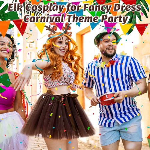 Vibbang Rentier Kostüm, Reh Kostüm Damen, Hirsch Blumenstirnband und Tüllrock Braun, Karneval Cosplay Kostü-m mit Gesichtsaufkleber, Elch Cosplay für Party, Karneval, Mottoparty