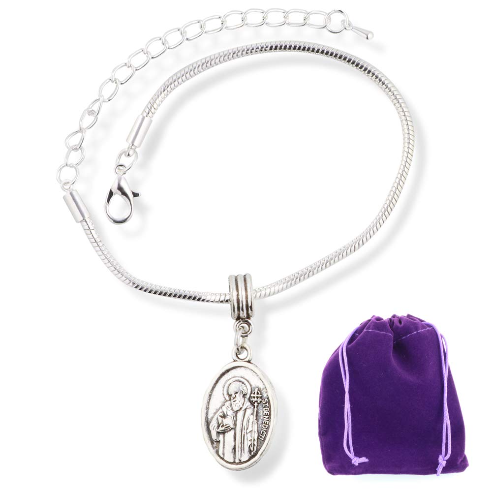 Dave The BunnyEPJ Catholic Gifts Saint St Benedict Medal San Benito Religious Jewelry Bracelet for Women Silver Plated Chain Charm Gifts Catholic Bracelet for Women Men Boys and Girls