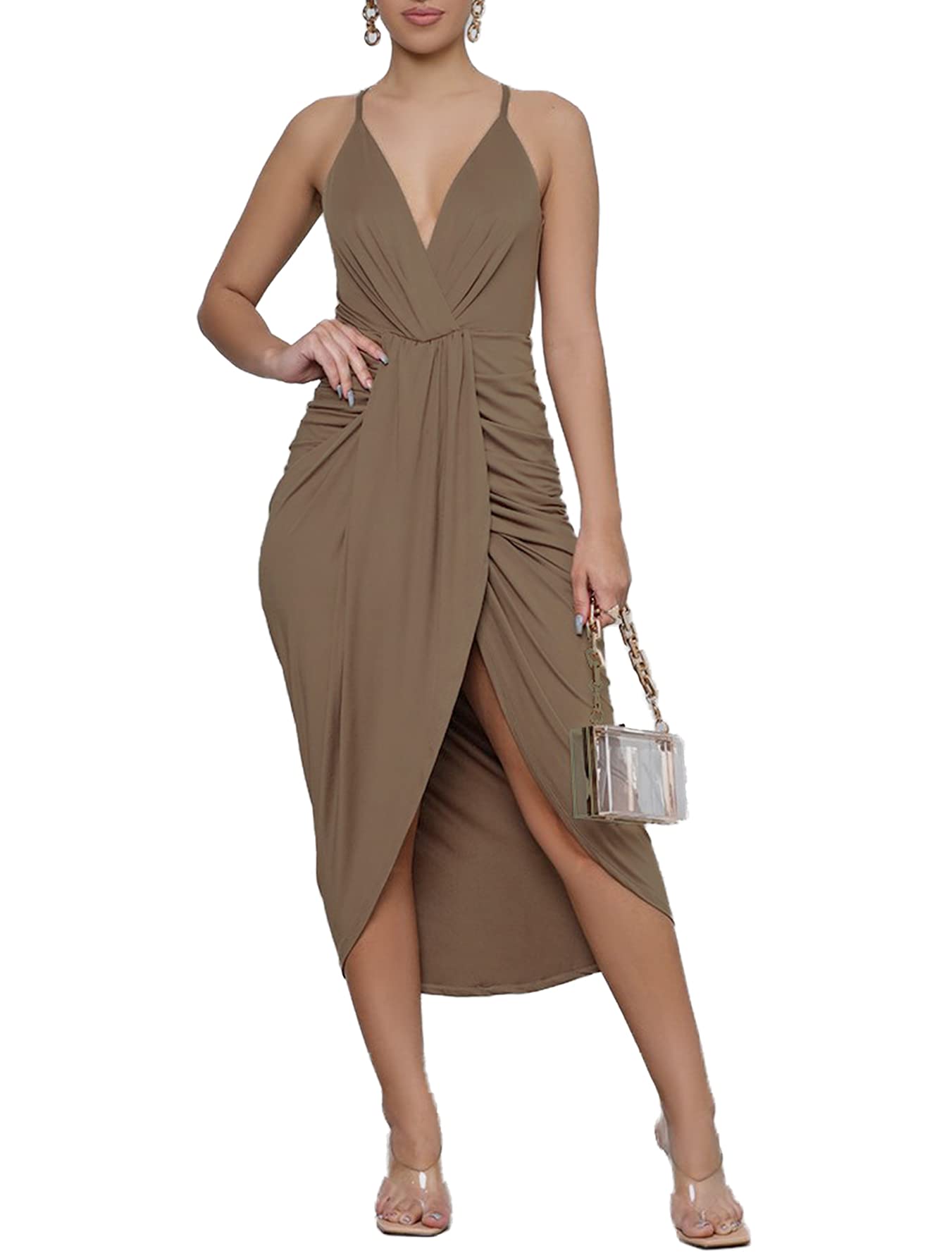 LYANERWomen's V Neck Ruched Wrap Slit Hem Sleeveless Spaghetti Strap Midi Bodycon Dress