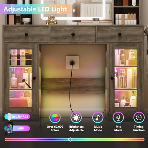 Image of Grey Vanity Desk with Mirror and Lights, Glass Top Vanity with Lighted Mirror & RGB Cabinet and 3 Drawers, Dressing Table with 8 Shelves, Makeup Desk with Lights for Girls Bedroom, 3 Color Modes