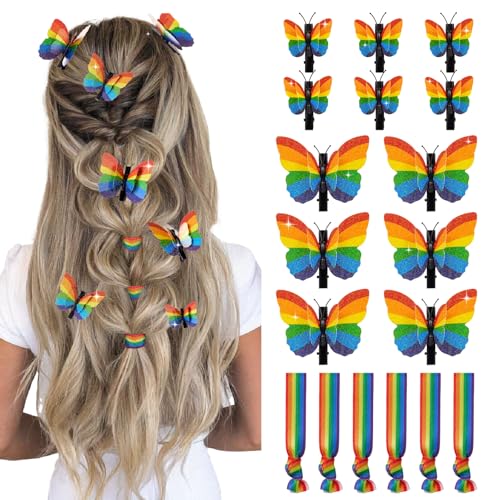 12PCS Rainbow Glitter Butterfly Hair Clips & 6 Hair Tie Bracelets for Pride Parade 6 Large & 6 Small LGBTQ Rainbow Accessories for Pride Celebration
