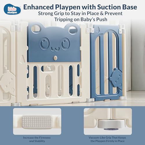 Image of Kids Station Little Bear Blue Baby Playpen with Playmat & 20 Colourful Balls Included, Safety Play Yard for Toddlers & Babies, Anti-Slip, Indoor /Outdoor, 150 x 180 cm