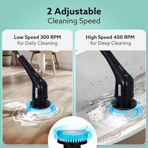 Image of AGARO Royal Electric Spin Scrubber, Cleaning Brush Scrubber for Home, 400RPM /Mins - 8 Replaceable Brush Heads - 90Mins Work Time,3 Adjustable Size,2 Adjustable Speeds for Bathroom,Glass, Car, Black