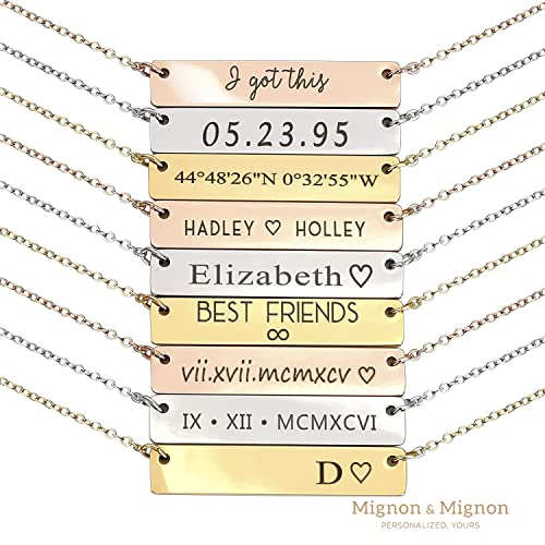 MignonandMignon Custom Engraved Name Bar Necklace, Personalized Jewelry for Women, Coordinates, Names, Dates, Bridesmaid, Engagement, Gift for Her – 4N2