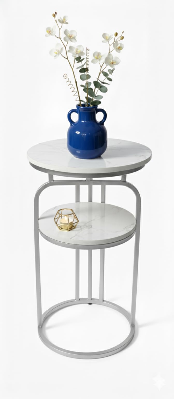 Modern Round Side Table with Storage Shelf, Marble Finish Top & Metal Frame, Compact End Table for Living Room, Bedroom, Sofa Side, Bedside Table, Coffee Table, Small Accent Table (White Grey)-image-29