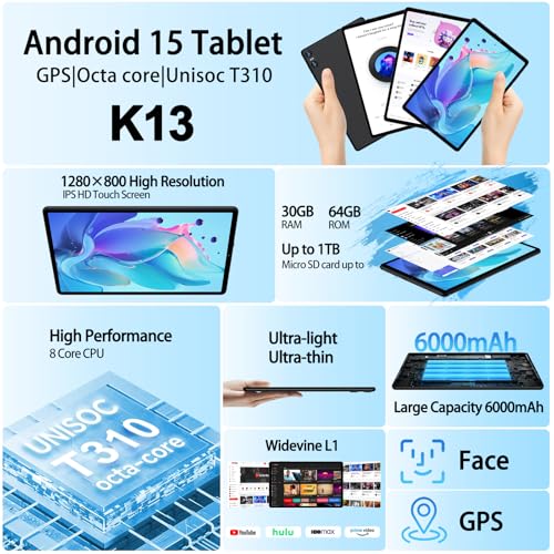 Image of 2026 Android 15 Tablet with Keyboard, 10.1 Inch Tablets FHD Display 30GB RAM 64GB ROM 1TB Expand, Octa-Core 2.0GHz, Widevine L1, 6000mAh Battery, 5G WiFi & GPS, Gemini AI, 2-in-1 Tableta PC - Black
