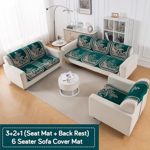 Image of HOKIPO Mehfil Teal Premium Chenille Jacquard Sofa Cover 6 Seater Set - Washable 3+2+1 Sofa Panel for Seat & Back | 'Royal Aangan Series' (IN-1008 * 2 + IN-1007 * 2 + IN-1006 * 2-L7)
