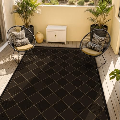 Dark Brown Diamond Checkered Easy Jute Rug 4x6, Non Slip Stain Resistant Checkerboard Area Rug, Low Pile Indoor Outdoor Carpet for Entryway, Living Room, Porch & Office, Mid-Century Modern S