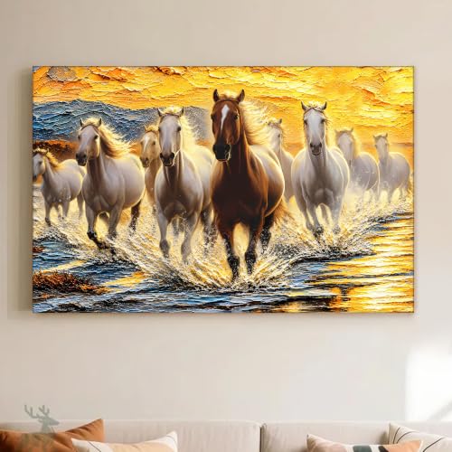Image of PAINTINGMANTRA 9 Running Horses Vastu Stretched Canvas Painting For Living Room| Strength & Forward Energy Nine Horse Painting for Bed Room, Home & Office, 22x34 Inch