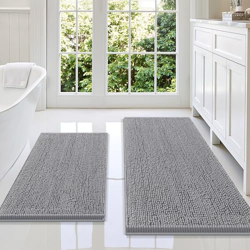 Image of Smiry Bathroom Rugs Sets 2 Piece, Soft Absorbent Chenille Machine Washable Non Slip Shaggy Bath Rug Set for Tub, Shower, and Floor (47x20+30x20, Grey)