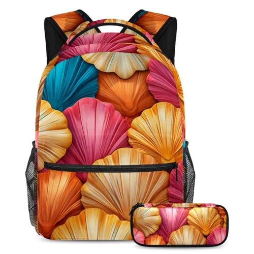 Sac à dos polyvalent grand format imprimé coquillages de plage colorés 49 avec trousse scolaire