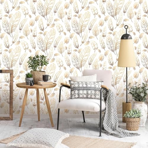 Image of Veki Luxury Floral & Botanical Geometric Wallpaper Mural - Waterproof, Moisture-Proof, Self-Adhesive PVC Wall Sticker for Home & Hotel Decoration (45cm x 300cm) (White Feather)