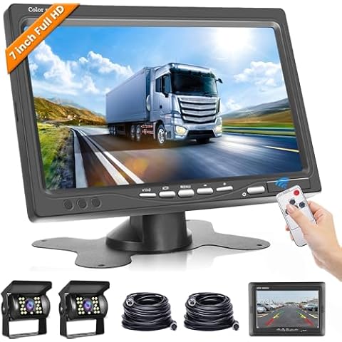 Hodozzy Dual Backup Camera Kit with 7 Inch LCD Monitor & 2 Backup Cameras Reversing, IP68 Waterproof, 18IR Night Vision, Rear View Camera 4-Pin Cable for Car Truck/Trailer/Bus/Van/Caravan (12V-24V) Cover