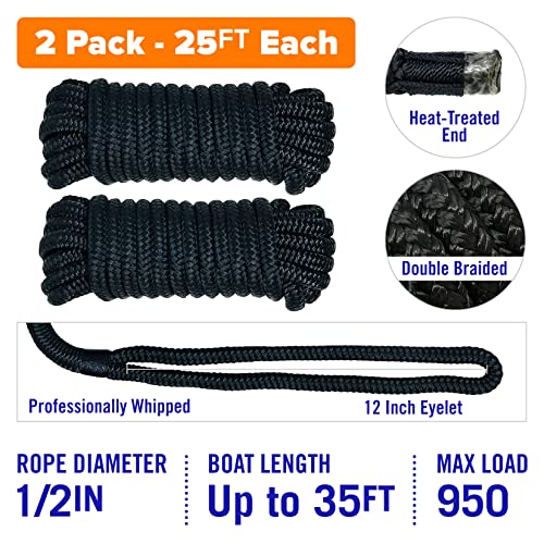 Image of Dock Lines for Boats 1 /2 inch x 25ft, 2 Pack Double Braided Nylon Boat Rope | 12 inch Loop, Marine Grade Mooring Line for Docking, Black, Better Boat