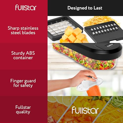 Fullstar Gemüseschneider und Mandoline Gemüsehobel - Julienne- und Würfelschneider für Gurken Zwiebeln Kartoffeln Früchte - Reibe für Gemüse Käse - Küchenzubehör Küchengeräte (10-in-1 Kompakt Weiß) 5